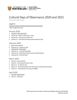 Cultural Days of Observance 2020 and 2021 Consultative Document