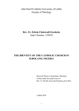 The Identity of the Catholic Church in Igboland, Nigeria