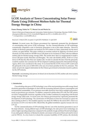 LCOE Analysis of Tower Concentrating Solar Power Plants Using Diﬀerent Molten-Salts for Thermal Energy Storage in China