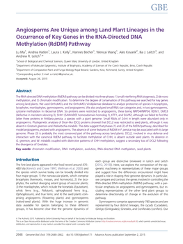 Angiosperms Are Unique Among Land Plant Lineages in the Occurrence of Key Genes in the RNA-Directed DNA Methylation (Rddm) Pathway