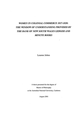 Women in Colonial Commerce 1817-1820: the Window of Understanding Provided by the Bank of New South Wales Ledger and Minute Books