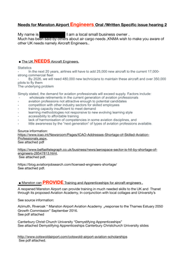 Needs for Manston Airport Engineers Oral /Written Specific Issue Hearing 2 My Name Is I Am a Local Small Business Owner