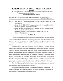 KERALA STATE ELECTRICITY BOARD Abstract Re-Naming Electrical Section Edappallikotta As Electrical Section Panmana – Sanctioned- Orders Issued