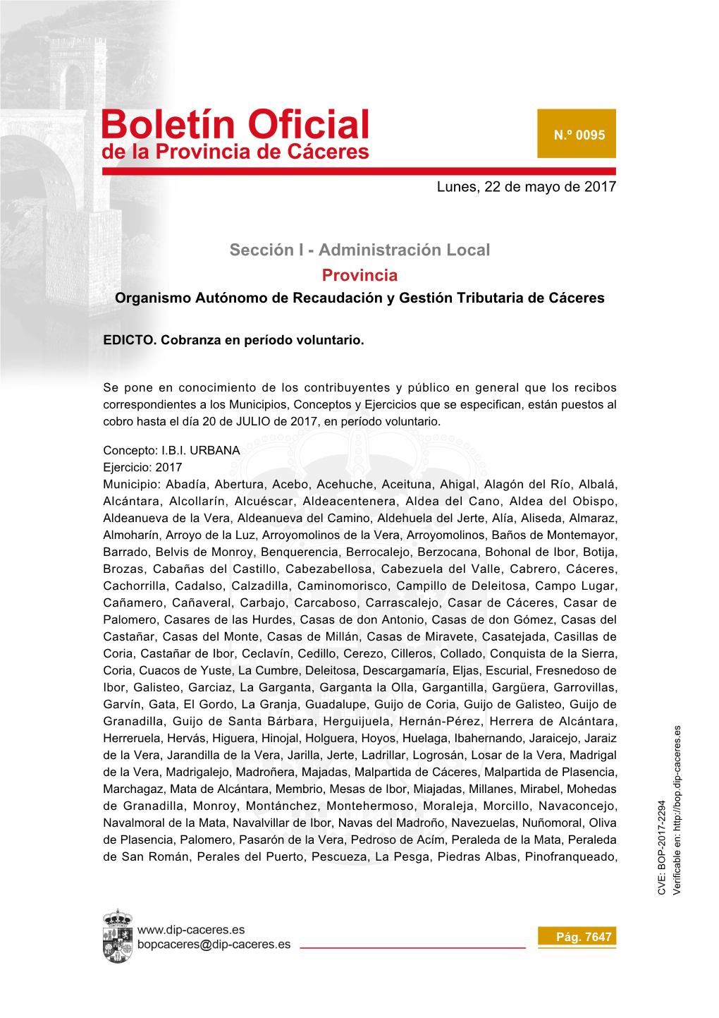 Sección I - Administración Local Provincia Organismo Autónomo De Recaudación Y Gestión Tributaria De Cáceres