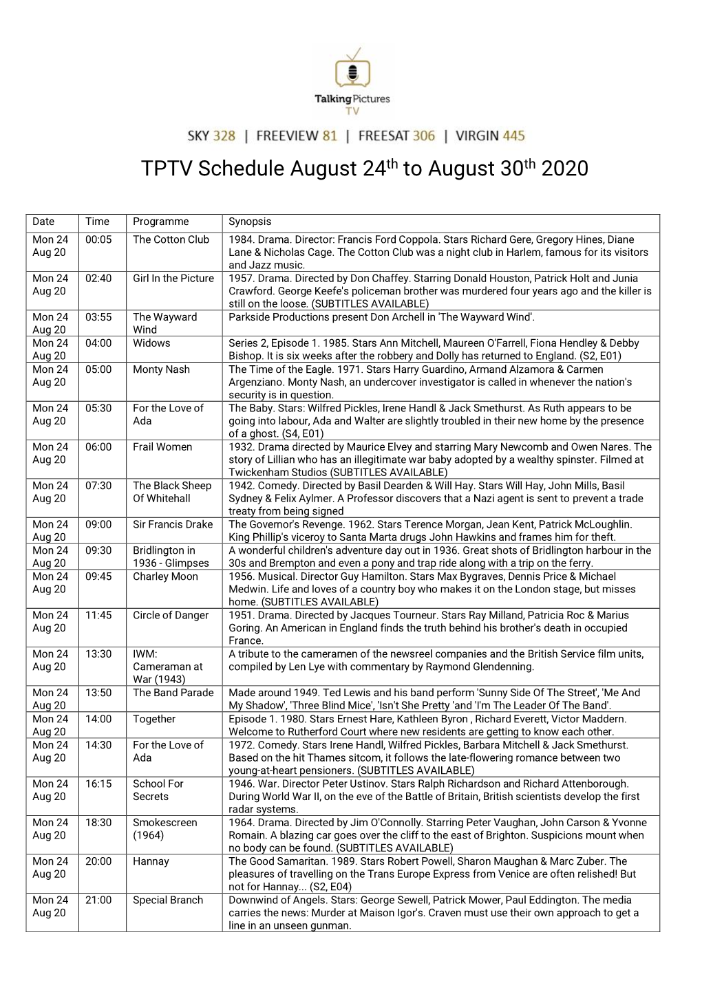 TPTV Schedule August 24Th to August 30Th 2020