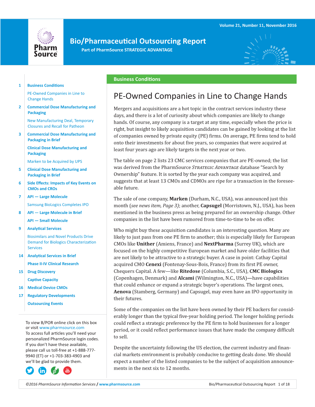 Bio/Pharmaceutical Outsourcing Report: November 2016