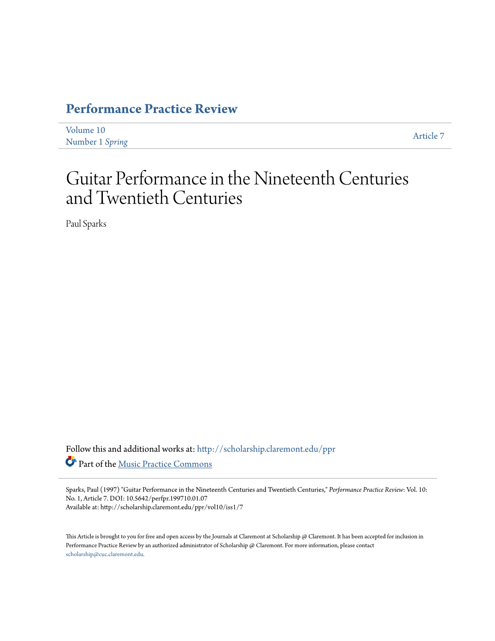 Guitar Performance in the Nineteenth Centuries and Twentieth Centuries Paul Sparks