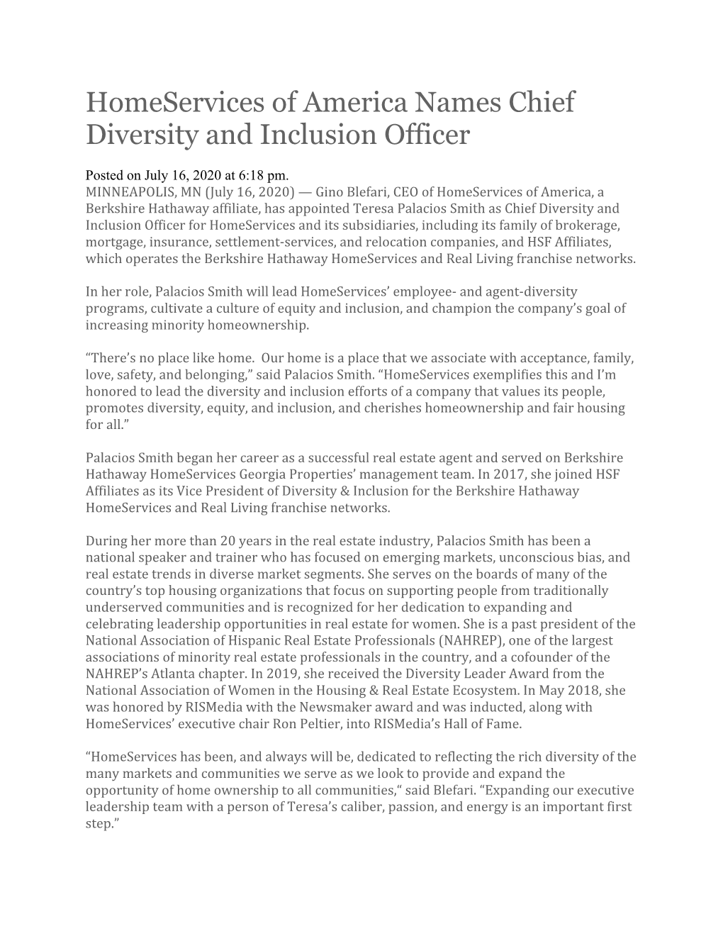 Homeservices of America Names Chief Diversity and Inclusion Officer