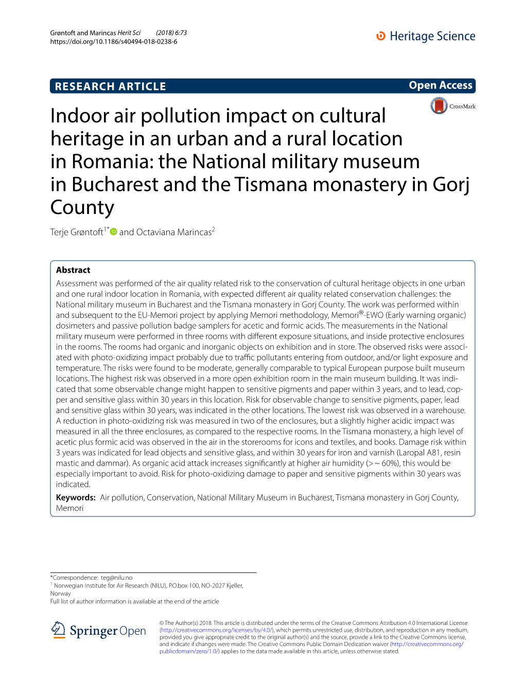 Indoor Air Pollution Impact on Cultural Heritage in an Urban and a Rural Location in Romania: the National Military Museum in Bu