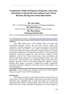 Comparative Study of Fastness Properties and Color Absorbance Criteria of Conventional and Avitera Reactive Dyeing on Cotton Knit Fabric