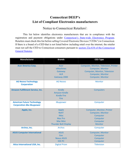 Connecticut DEEP's List of Compliant Electronics Manufacturers Notice to Connecticut Retailersi