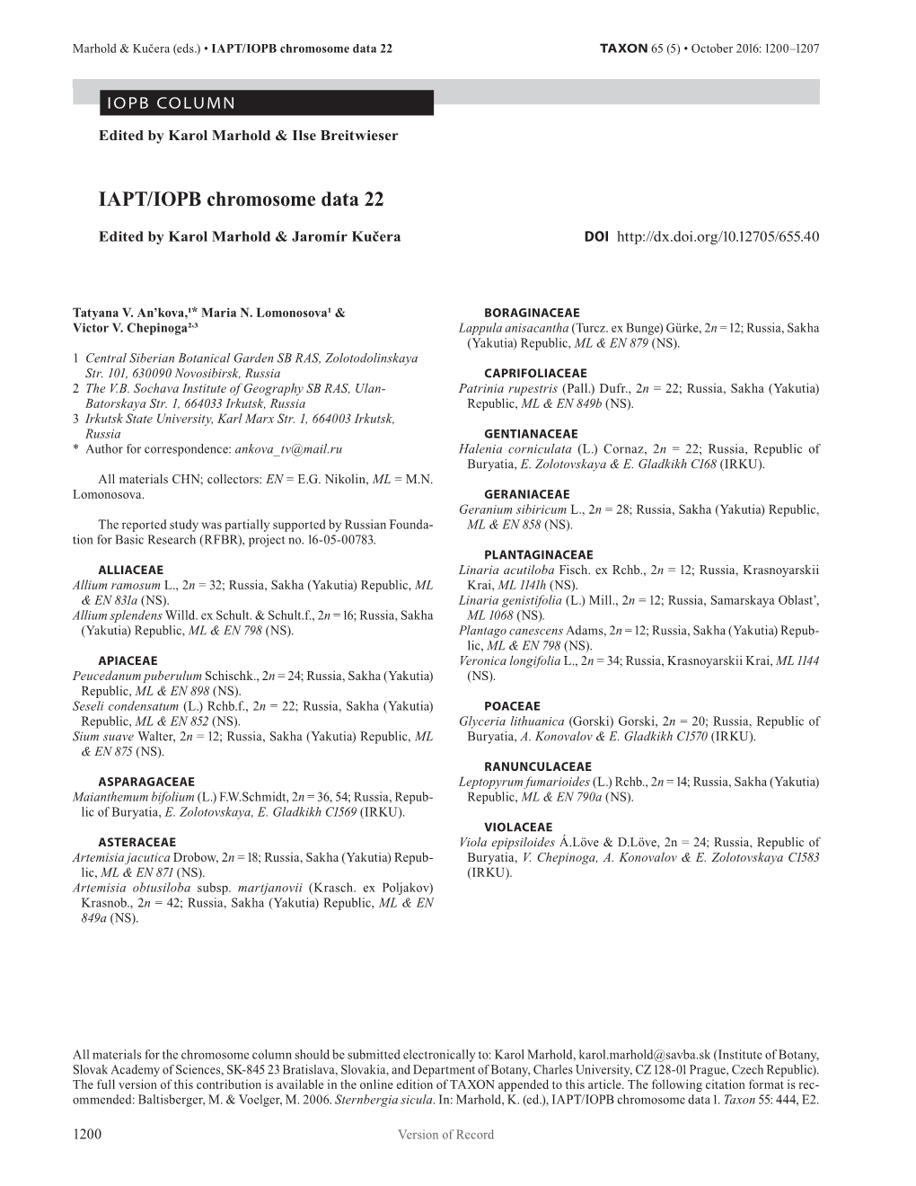 IAPT/IOPB Chromosome Data 22 TAXON 65 (5) • October 2016: 1200–1207