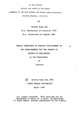 Capital and Labour in the Forest Economies of the Port Alberni and Prince George Districts, British Columbia, 1910-1939