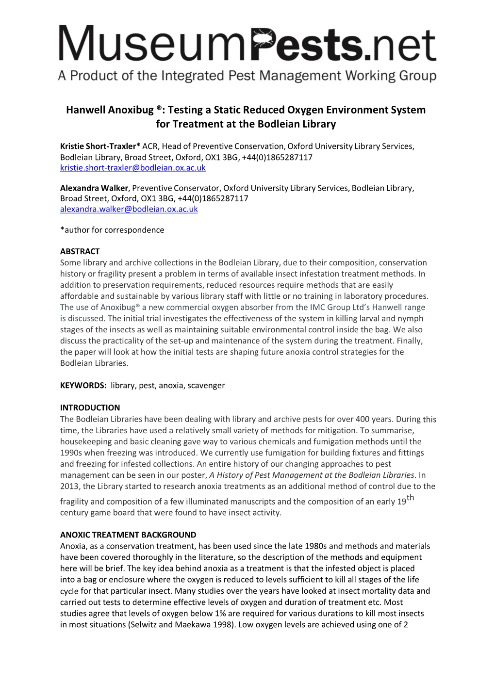 Hanwell Anoxibug ®: Testing a Static Reduced Oxygen Environment System for Treatment at the Bodleian Library