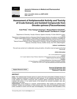 Assessment of Antiplasmodial Activity and Toxicity of Crude Extracts and Isolated Compounds from Oncoba Spinosa (Flacourtiaceae)