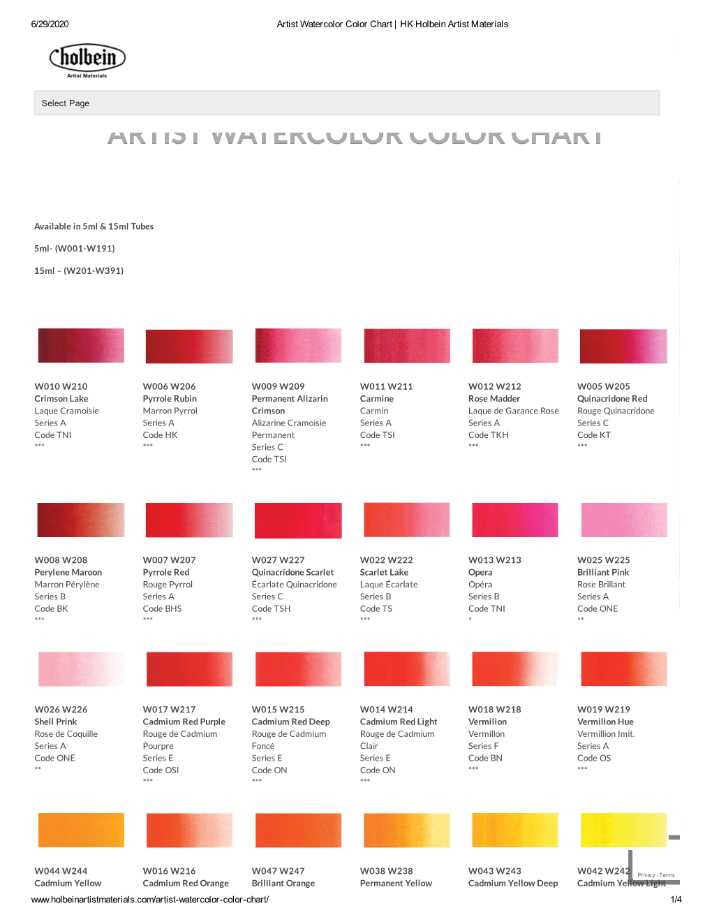 Artist Watercolor Color Chart | HK Holbein Artist Materials