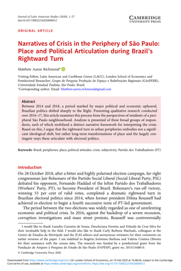 Narratives of Crisis in the Periphery of São Paulo: Place and Political Articulation During Brazil’S Rightward Turn