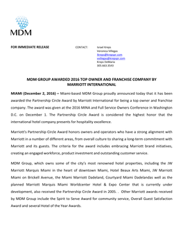 MDM Group Awarded Partnership Circle Award by Marriott International