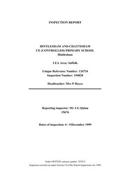 Inspection Report Hintlesham and Chattisham Ce