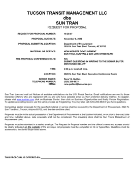 TUCSON TRANSIT MANAGEMENT LLC Dba SUN TRAN REQUEST for PROPOSAL