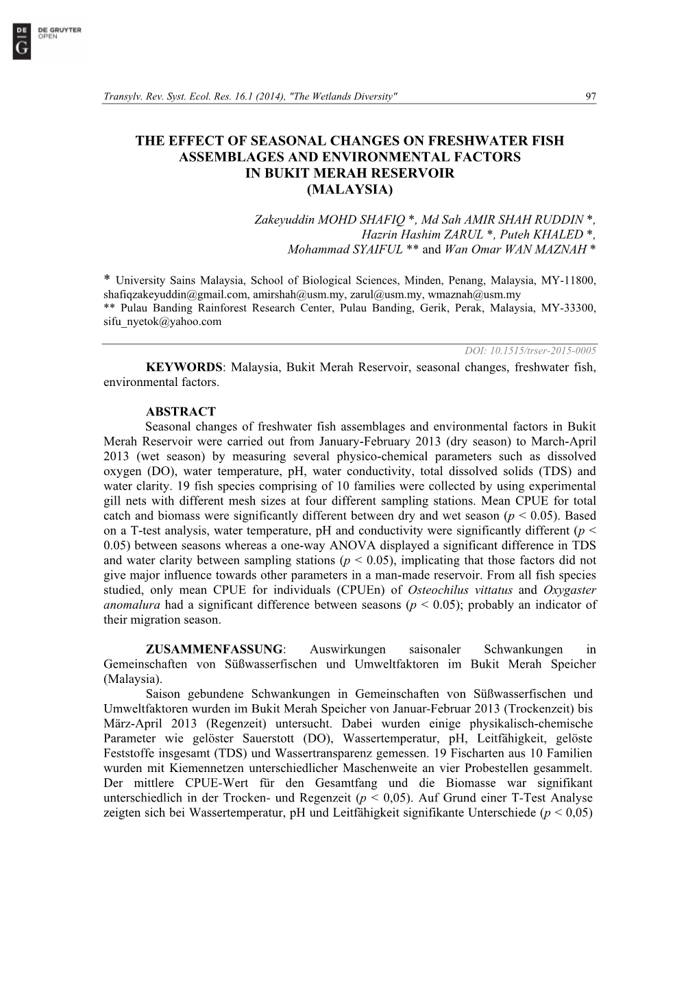 The Effect of Seasonal Changes on Freshwater Fish Assemblages and Environmental Factors in Bukit Merah Reservoir (Malaysia)