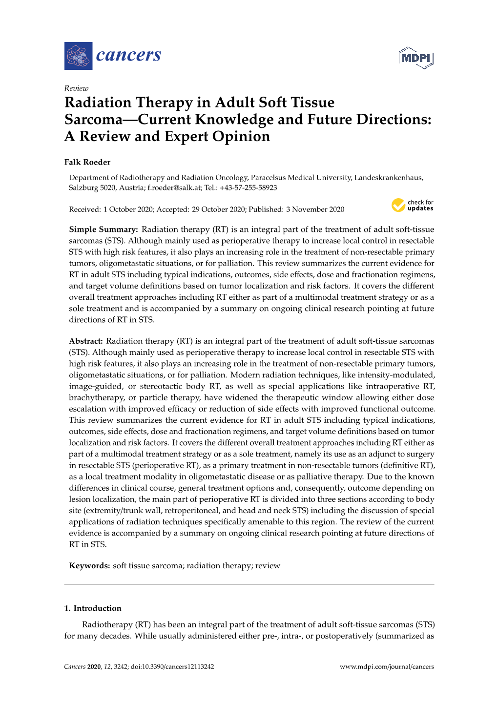 Radiation Therapy in Adult Soft Tissue Sarcoma—Current Knowledge and Future Directions: a Review and Expert Opinion