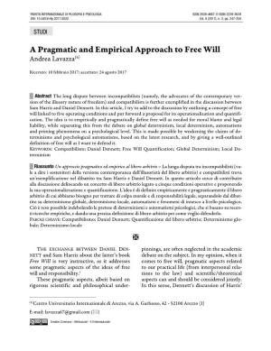 A Pragmatic and Empirical Approach to Free Will Andrea Lavazza(Α)