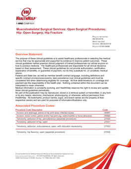 Musculoskeletal Surgical Services: Open Surgical Procedures; Hip: Open Surgery; Hip Fracture