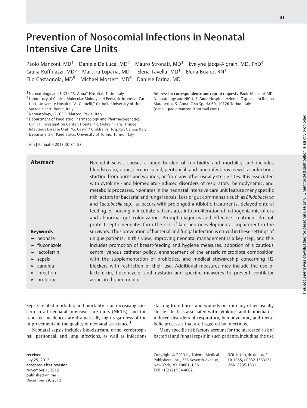 Prevention of Nosocomial Infections in Neonatal Intensive Care Units