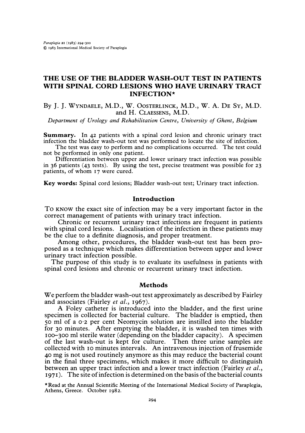 The Use of the Bladder Wash-Out Test in Patients with Spinal Cord Lesions Who Have Urinary Tract Infection*