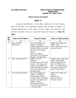 Transfer Notification NO. GOB(I) 4(3)/2021 in the Cadre of Civil Judges Dated