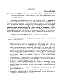 Agenda No. 5 F. No. 8-85/2014-FC Sub: Diversion of 1502.30 Ha Of