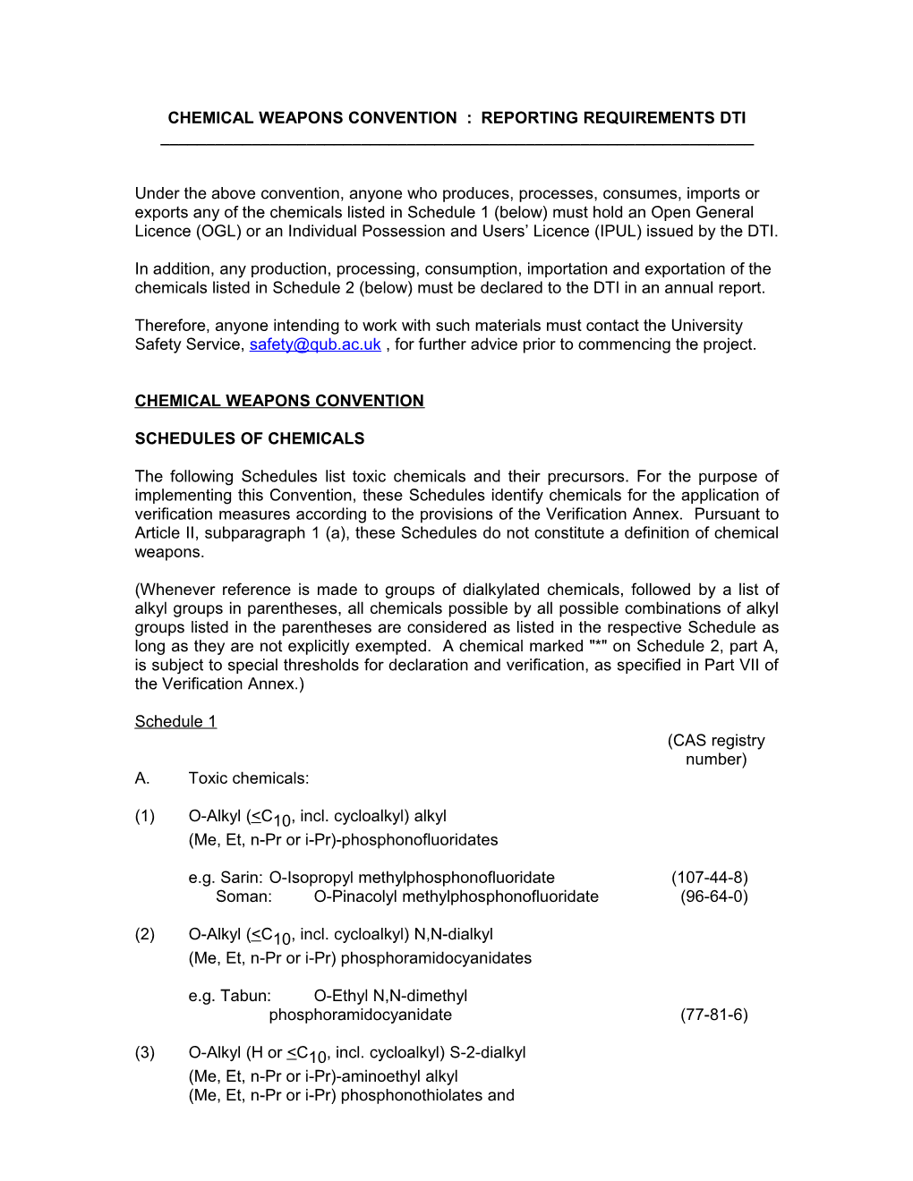 Chemical Weapons Convention : Reporting Requirements Dti