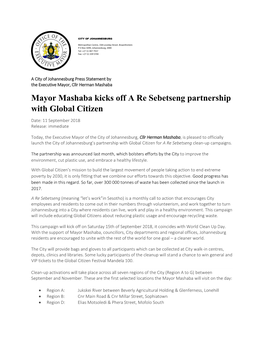 Mayor Mashaba Kicks Off a Re Sebetseng Partnership with Global Citizen