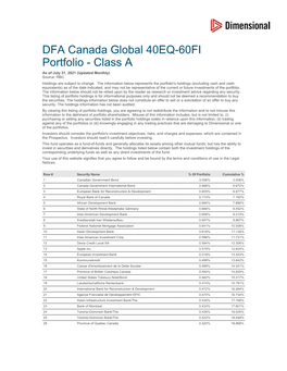 DFA Canada Global 40EQ-60FI Portfolio - Class a As of July 31, 2021 (Updated Monthly) Source: RBC Holdings Are Subject to Change