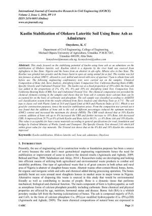 Kaolin Stabilization of Olokoro Lateritic Soil Using Bone Ash As Admixture