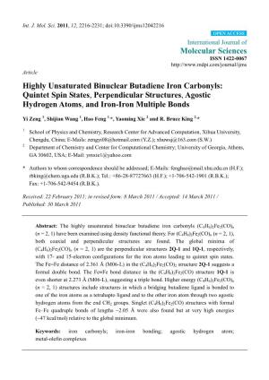 Highly Unsaturated Binuclear Butadiene Iron Carbonyls: Quintet Spin States, Perpendicular Structures, Agostic Hydrogen Atoms, and Iron-Iron Multiple Bonds