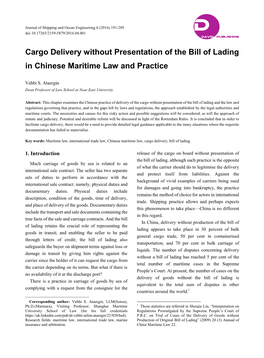Cargo Delivery Without Presentation of the Bill of Lading in Chinese Maritime Law and Practice