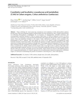 Constitutive and Facultative Crassulacean Acid Metabolism (CAM) in Cuban Oregano, Coleus Amboinicus (Lamiaceae)