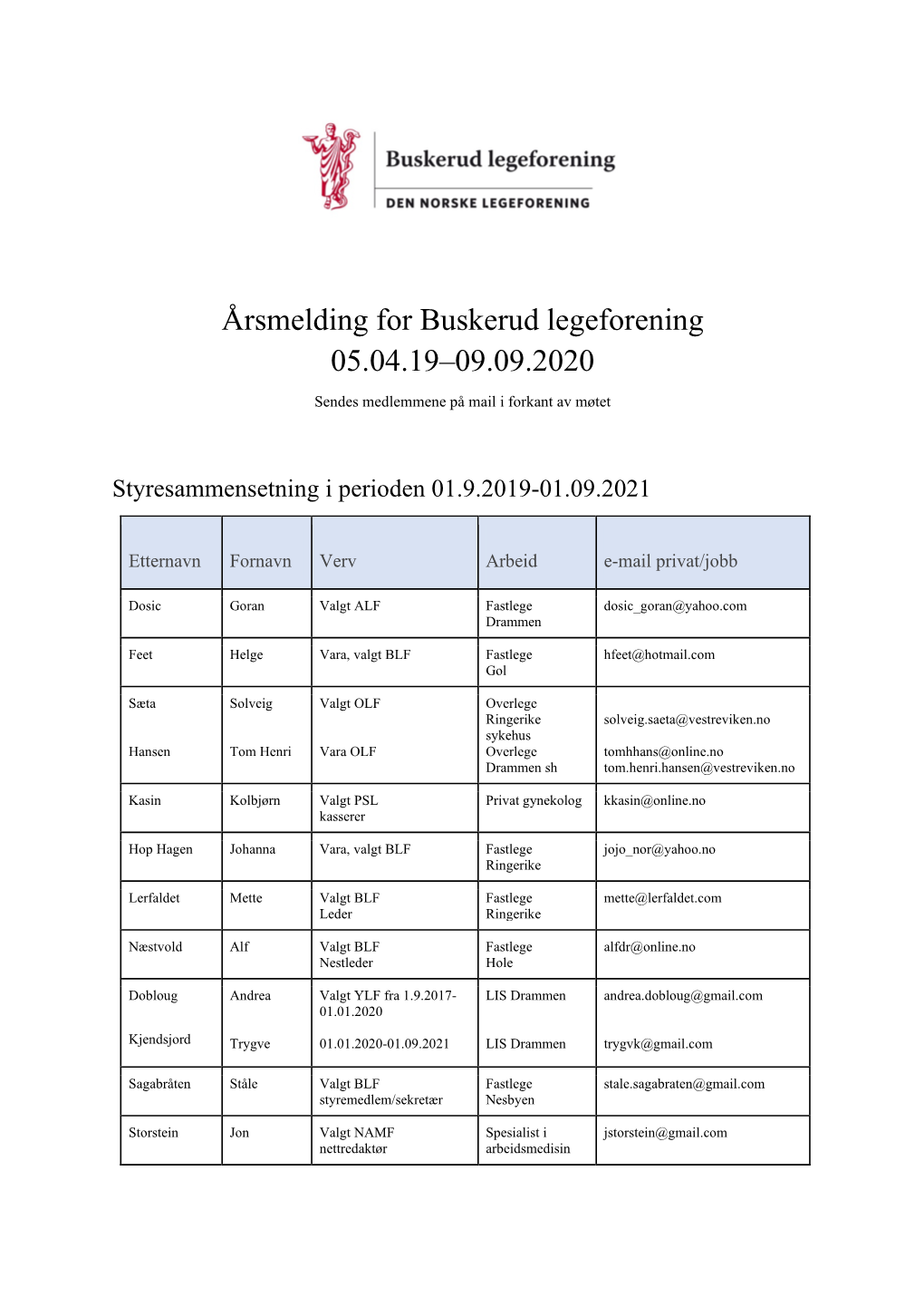 Årsmelding for Buskerud Legeforening 05.04.19–09.09.2020