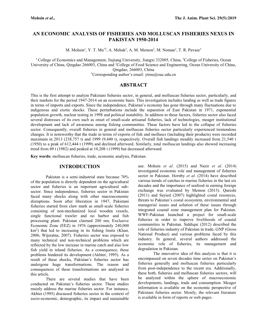 An Economic Analysis of Fisheries and Molluscan Fisheries Nexus in Pakistan 1950-2014