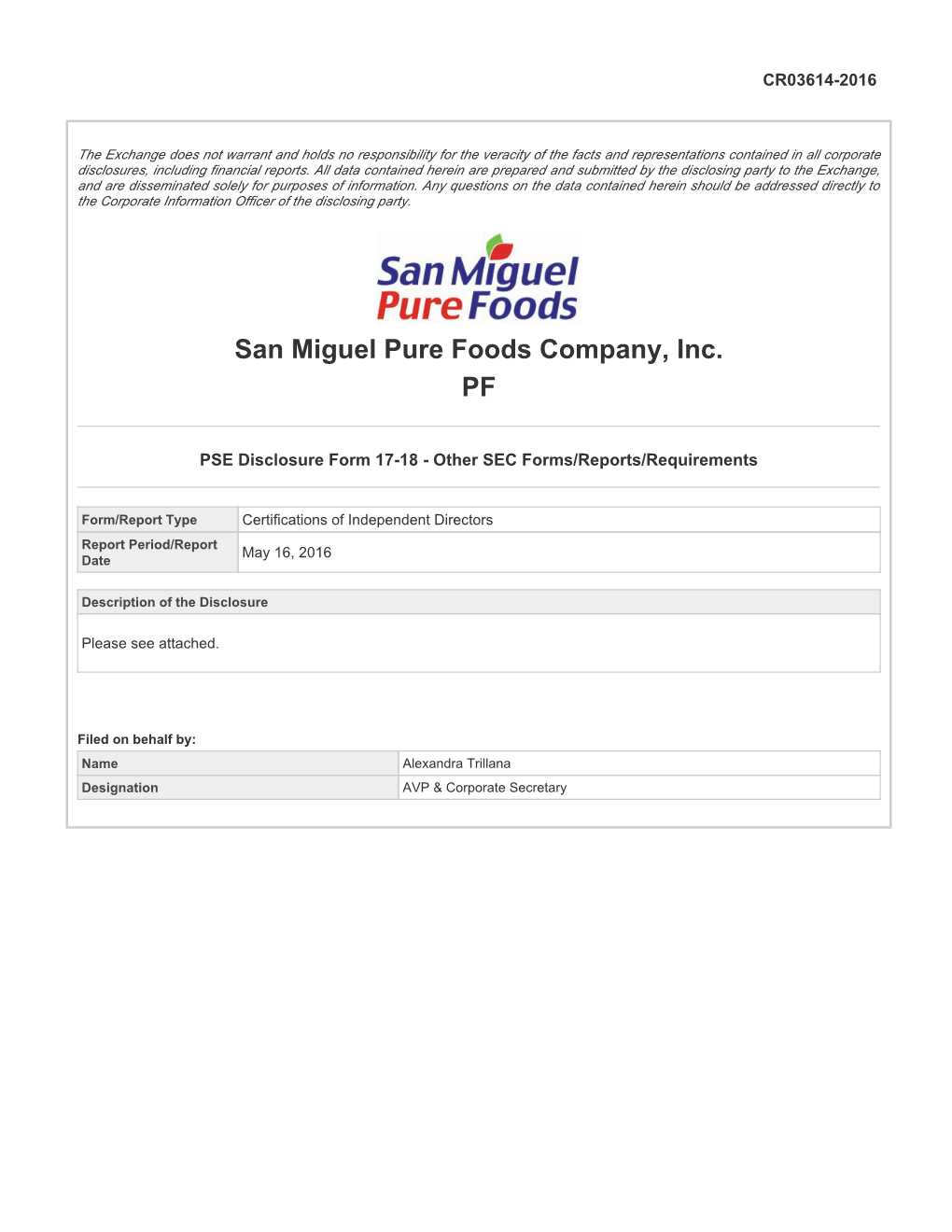 San Miguel Pure Foods Company, Inc. PF