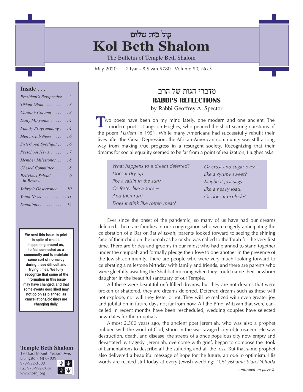 Kol Beth Shalom the Bulletin of Temple Beth Shalom