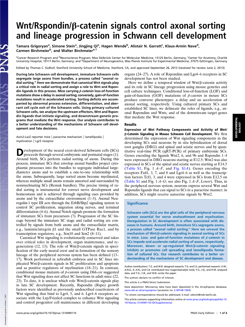 Wnt/Rspondin/Β-Catenin Signals Control Axonal Sorting and Lineage Progression in Schwann Cell Development