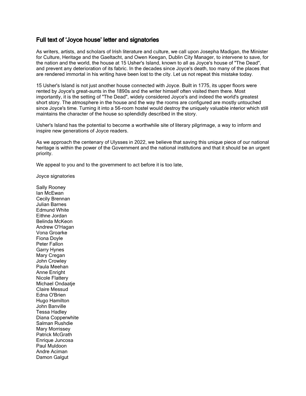 Full Text of 'Joyce House' Letter and Signatories