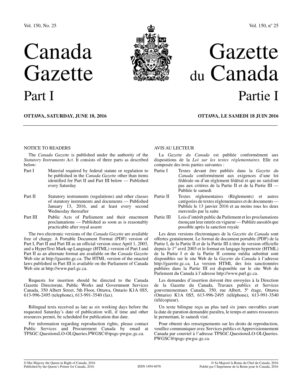 Canada Gazette, Part I