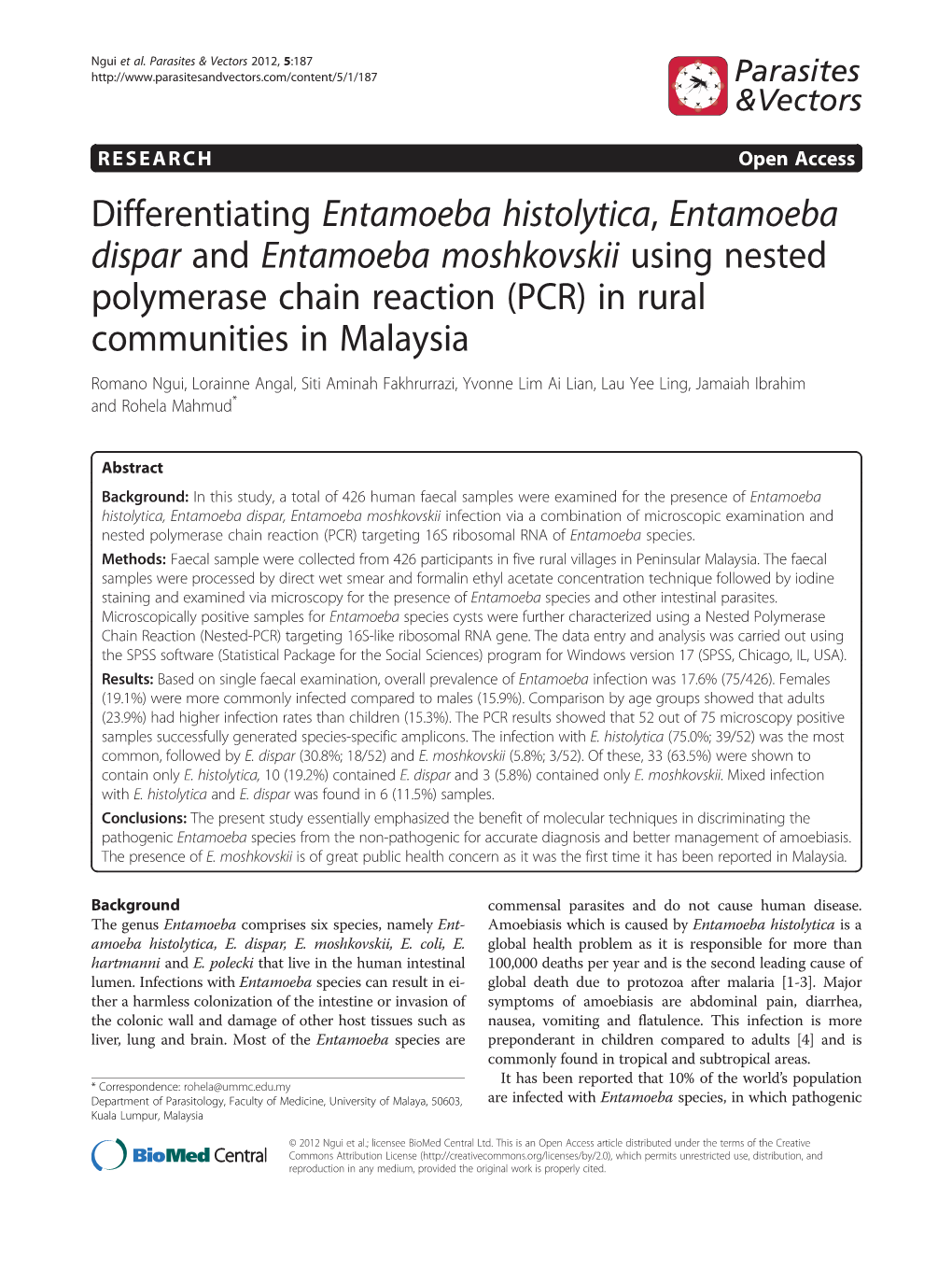 (PCR) in Rural Communities in Malaysia Romano Ngui, Lorainne Angal, Siti Aminah Fakhrurrazi, Yvonne Lim Ai Lian, Lau Yee Ling, Jamaiah Ibrahim and Rohela Mahmud*