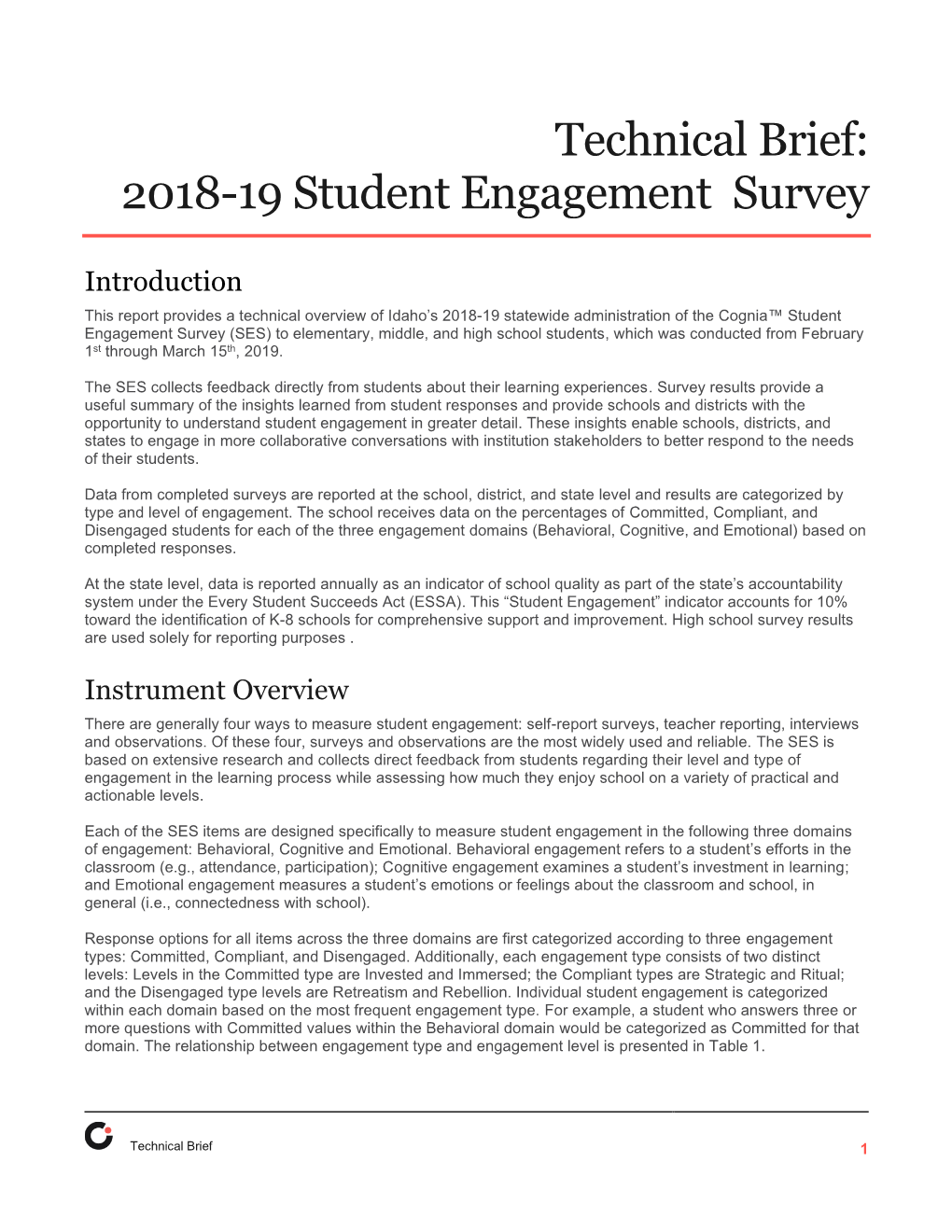 Technical Brief: 2018-19 Student Engagement Survey