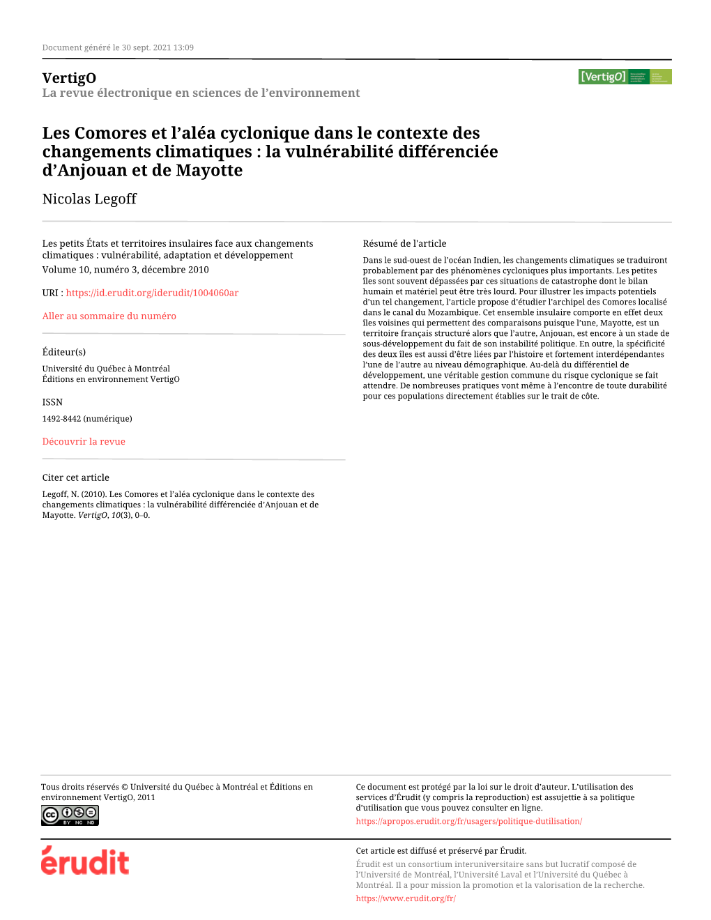 Les Comores Et L'aléa Cyclonique Dans Le Contexte Des Changements Climatiques