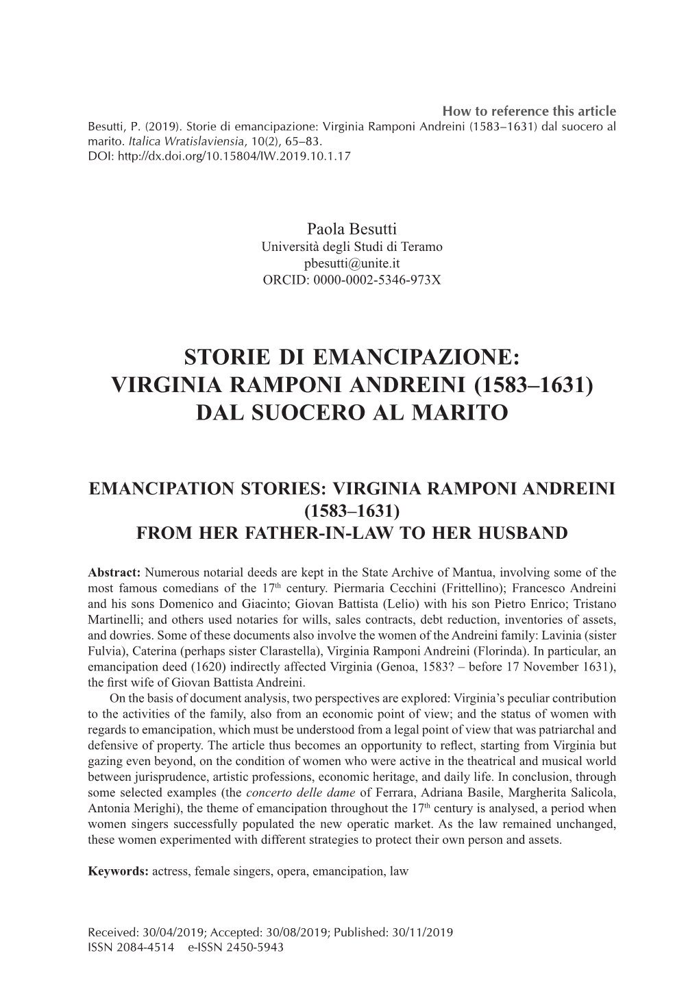 Virginia Ramponi Andreini (1583–1631) Dal Suocero Al Marito